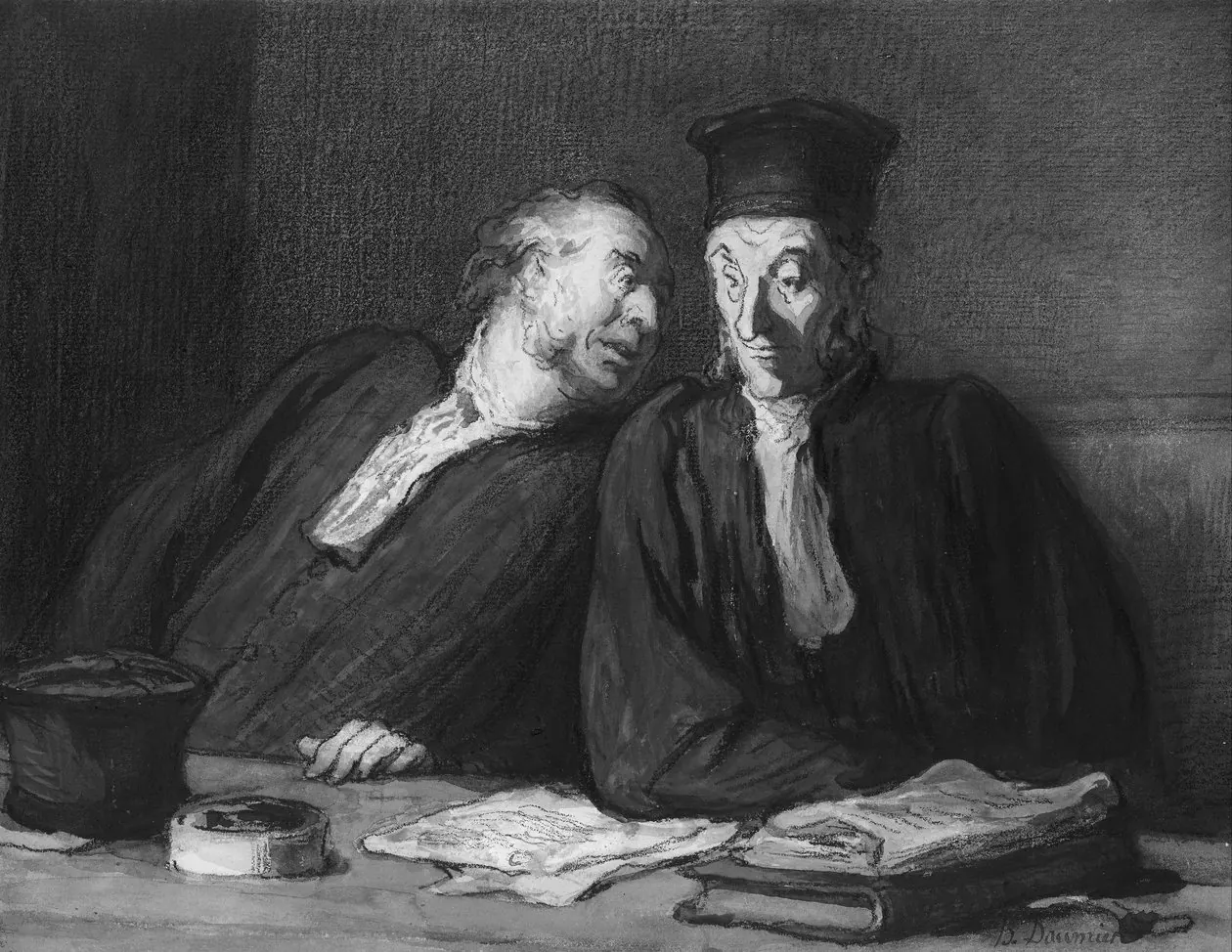 Honoré Daumier, Deux avocats conversant : deux avocats en robe, penchés l’un vers l’autre au-dessus de leurs dossiers.